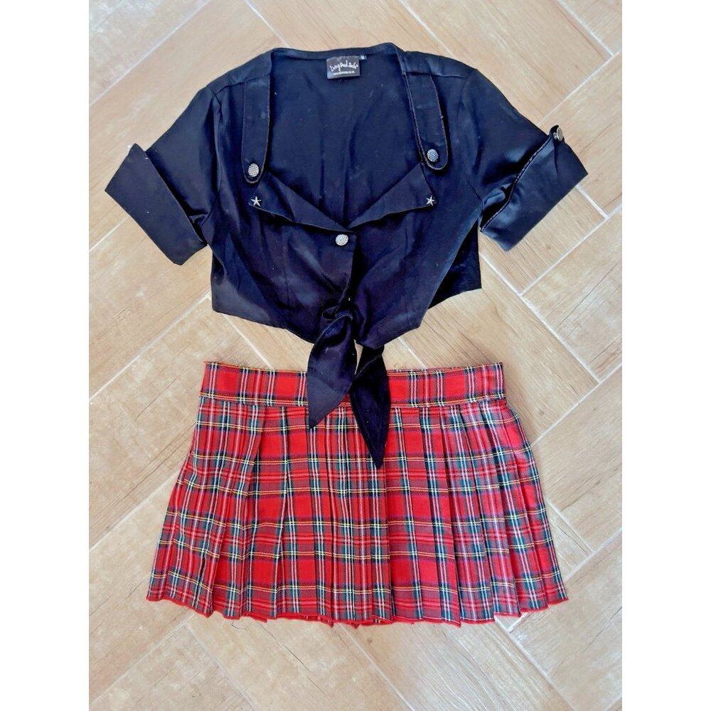 Tartan Plaid Red Skirt Mini Kilt Sz L + Crop Top HUSTLER School PREPPY Academia